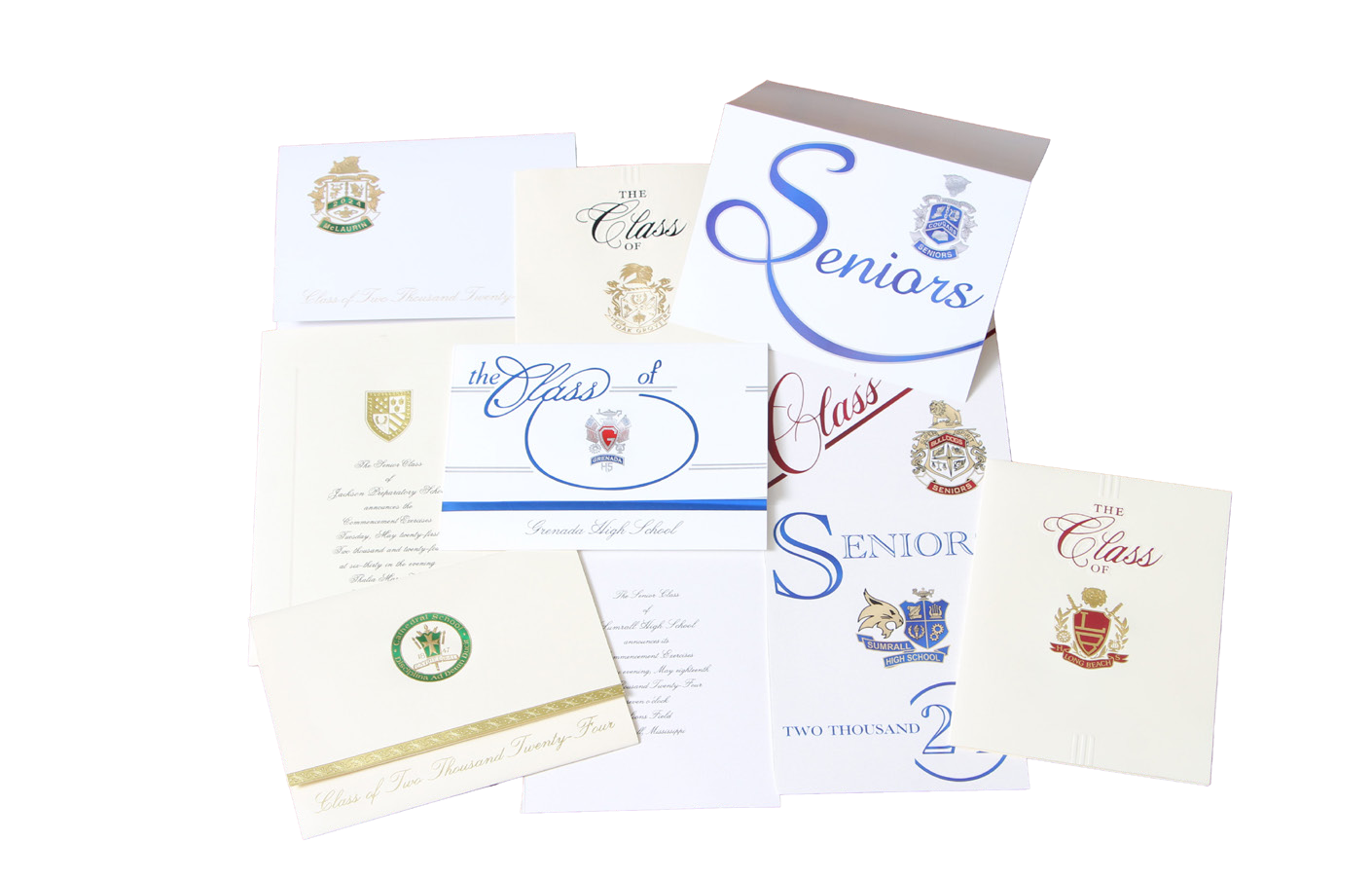 Engraved graduation announcements with school crests.