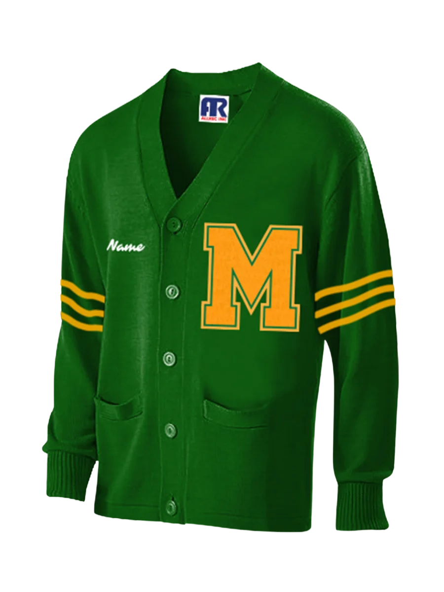 A green letter cardigan with a gold varsity letter, striped sleeves and an embroidered name.